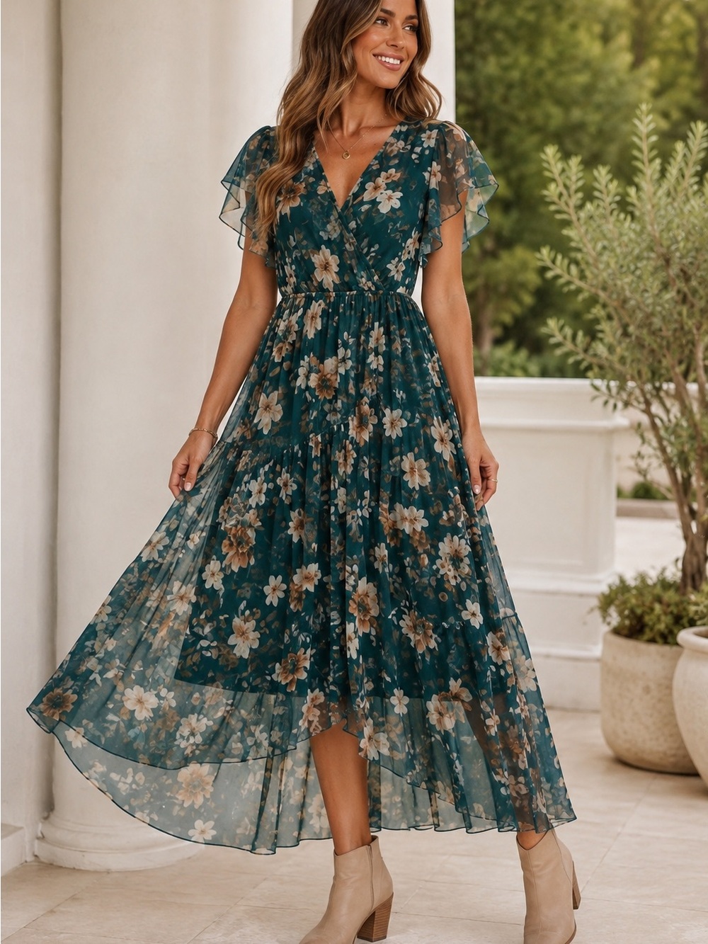 Simplee Apparel Teal Floral High-Low Tiered Maxi Dress
